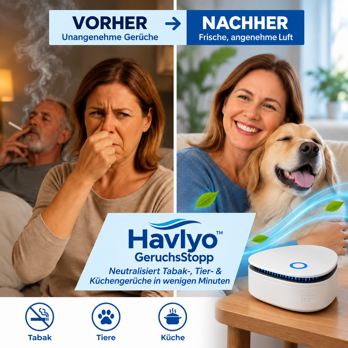Havlyo™ GeruchsStopp – Neutralisiert Rauch-, Tier- & Küchengerüche